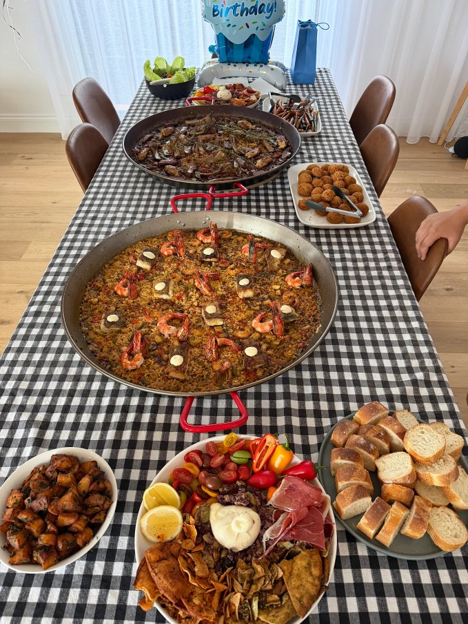 Tapas Madriz birthday party catering with paella and tapas spread