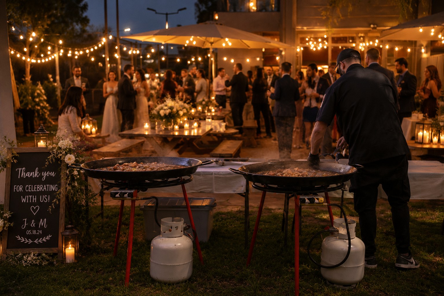 Tapas Madriz chef cooking live paella at a real Melbourne wedding reception